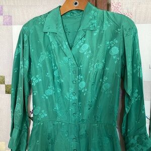 Vintage sixties/seventies dark green floral motif, silky long sleeve shirt dress